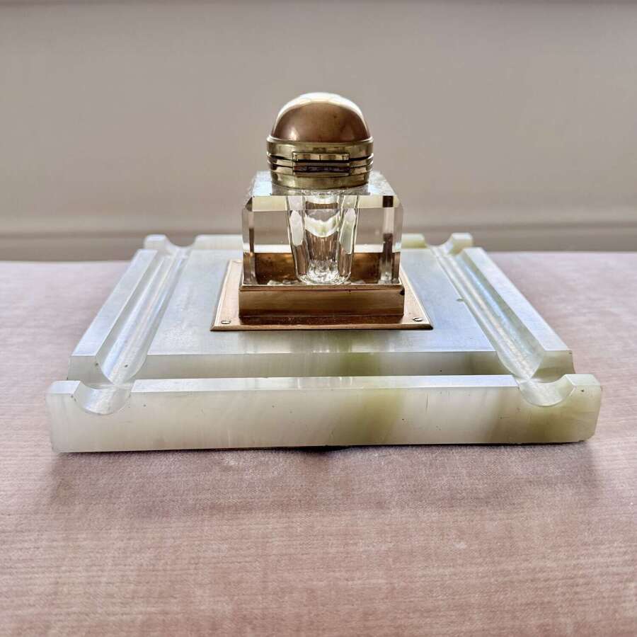 Onyx, brass & crystal Partner&rsquo;s Ink Well Pen Tray C1900