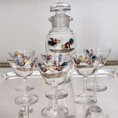 Art Deco cockerel cocktail shaker/decanter & glasses C1930