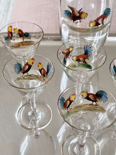 Art Deco cockerel cocktail shaker/decanter & glasses C1930