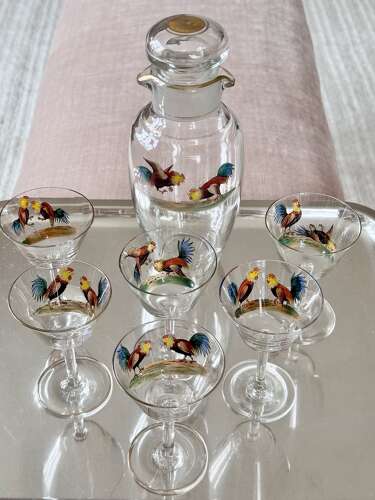 Art Deco cockerel cocktail shaker/decanter & glasses C1930