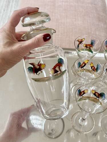 Art Deco cockerel cocktail shaker/decanter & glasses C1930