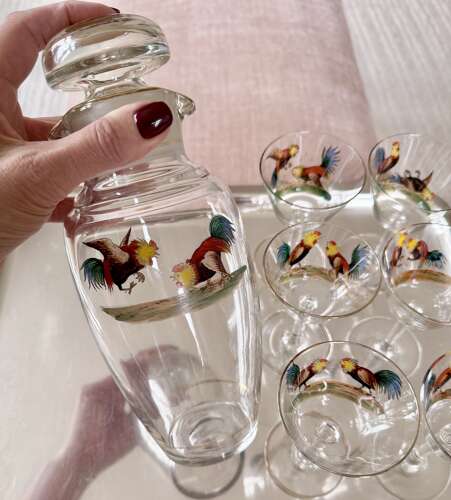 Art Deco cockerel cocktail shaker/decanter & glasses C1930