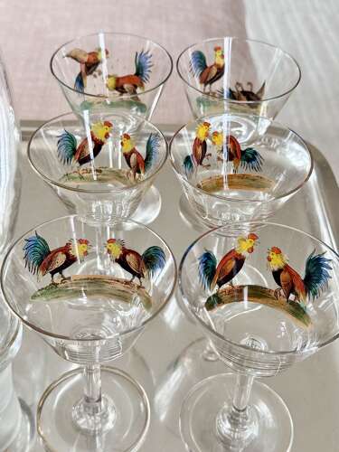 Art Deco cockerel cocktail shaker/decanter & glasses C1930