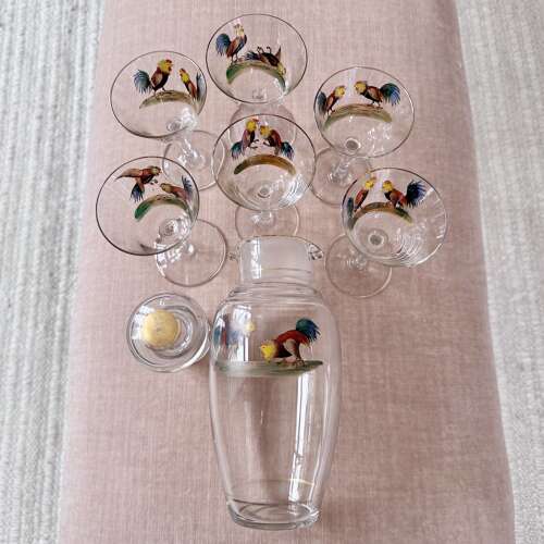 Art Deco cockerel cocktail shaker/decanter & glasses C1930