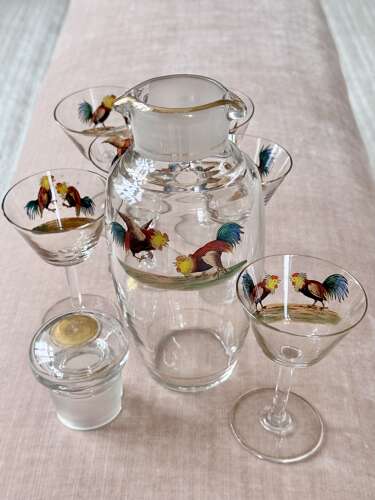 Art Deco cockerel cocktail shaker/decanter & glasses C1930