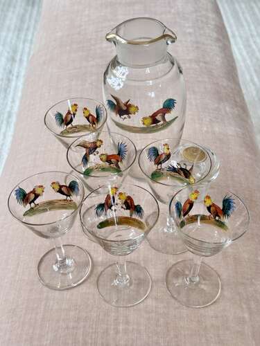 Art Deco cockerel cocktail shaker/decanter & glasses C1930