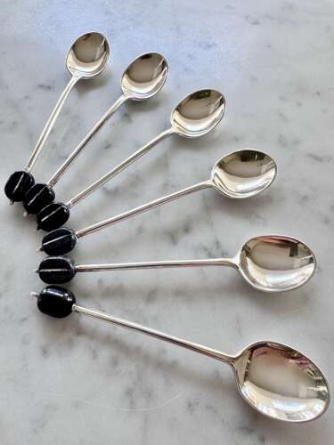 Set Art Deco silver plated black coffee bean finial spoons in case