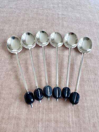 Set Art Deco silver plated black coffee bean finial spoons in case