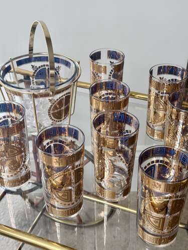 22ct gold & enamel Culver cocktail glasses & ice bucket set C1950