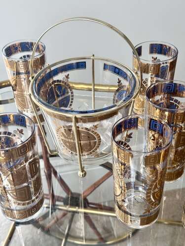 22ct gold & enamel Culver cocktail glasses & ice bucket set C1950