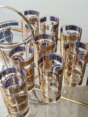 22ct gold & enamel Culver cocktail glasses & ice bucket set C1950