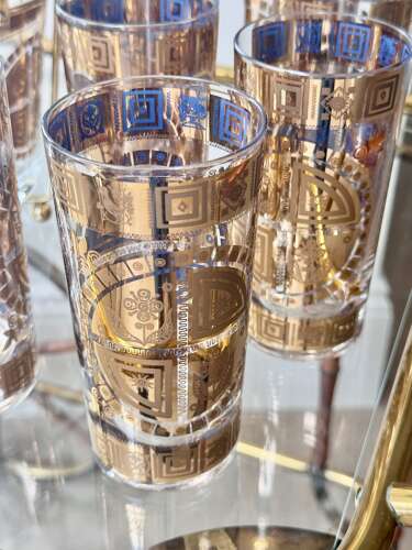 22ct gold & enamel Culver cocktail glasses & ice bucket set C1950