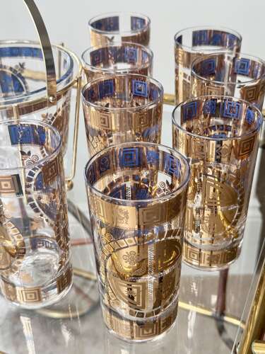 22ct gold & enamel Culver cocktail glasses & ice bucket set C1950