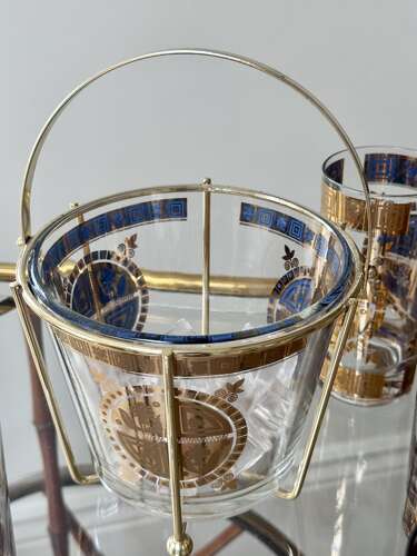 22ct gold & enamel Culver cocktail glasses & ice bucket set C1950