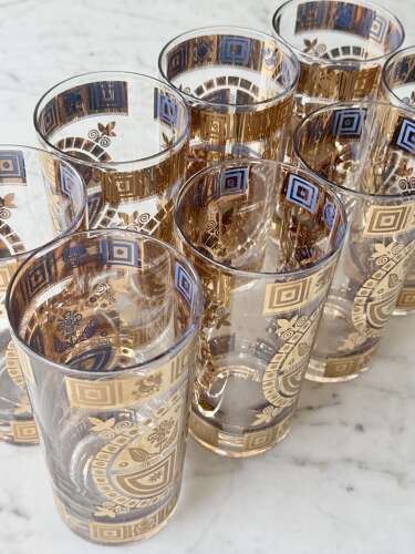22ct gold & enamel Culver cocktail glasses & ice bucket set C1950