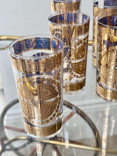 22ct gold & enamel Culver cocktail glasses & ice bucket set C1950