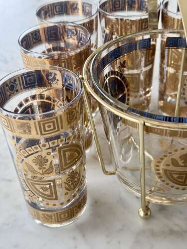 22ct gold & enamel Culver cocktail glasses & ice bucket set C1950