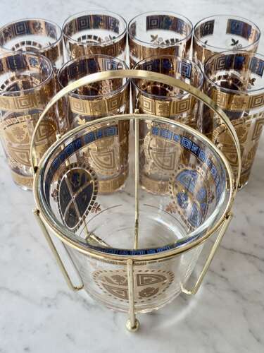 22ct gold & enamel Culver cocktail glasses & ice bucket set C1950