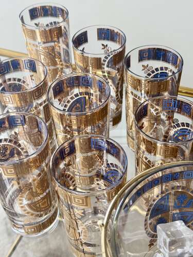 22ct gold & enamel Culver cocktail glasses & ice bucket set C1950