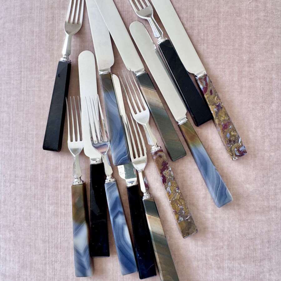Superb quality Antique Agate handled knives & forks for 6 guests