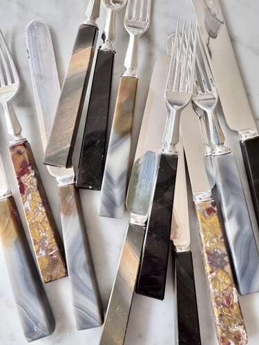 Superb quality Antique Agate handled knives & forks for 6 guests