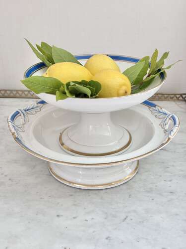 Pair Old Paris Porcelain cobalt blue & gold pedestal serving dishes