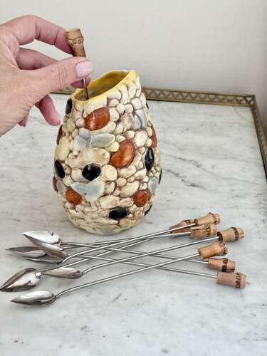 Smart Art Deco handpainted jug & set bamboo cocktail spoons