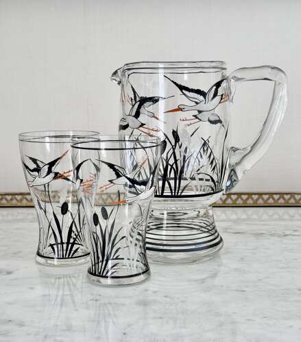 Hand Enamelled Stork Lemonade Cocktail Jug Set 1930s
