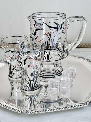 Hand Enamelled Stork Lemonade Cocktail Jug Set 1930s