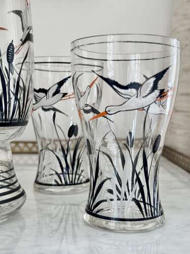 Hand Enamelled Stork Lemonade Cocktail Jug Set 1930s