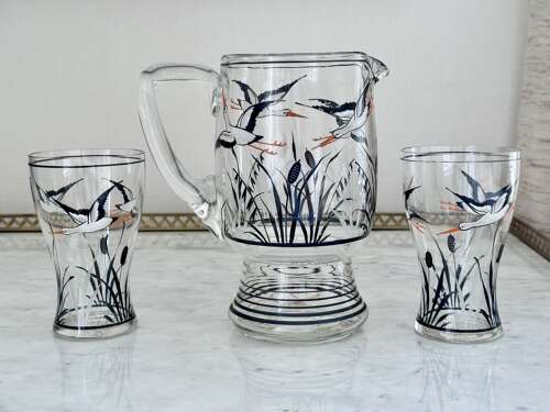 Hand Enamelled Stork Lemonade Cocktail Jug Set 1930s
