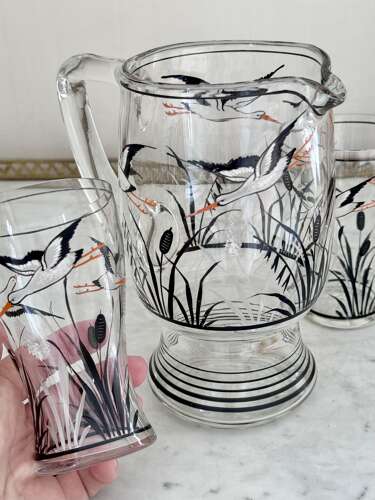 Hand Enamelled Stork Lemonade Cocktail Jug Set 1930s