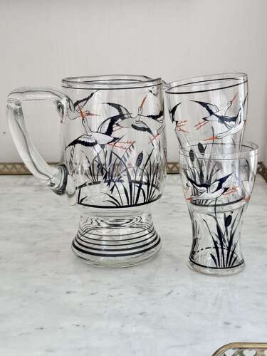 Hand Enamelled Stork Lemonade Cocktail Jug Set 1930s