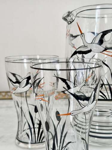 Hand Enamelled Stork Lemonade Cocktail Jug Set 1930s