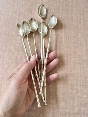 6 French silver plated faux bamboo cocktail straw spoons C1940s