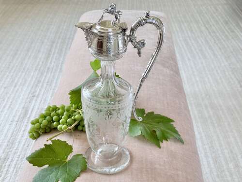 Rare Victorian etched glass & silver plated claret wine jug