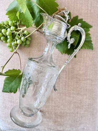 Rare Victorian etched glass & silver plated claret wine jug