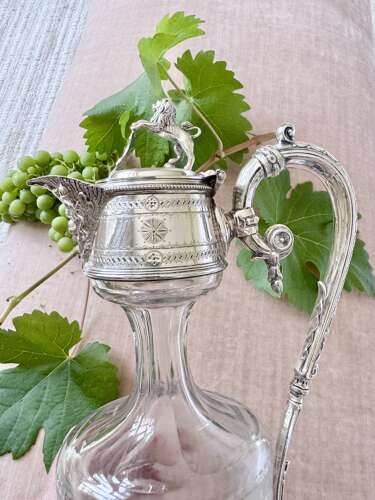 Rare Victorian etched glass & silver plated claret wine jug