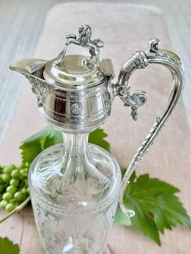 Rare Victorian etched glass & silver plated claret wine jug
