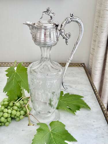 Rare Victorian etched glass & silver plated claret wine jug