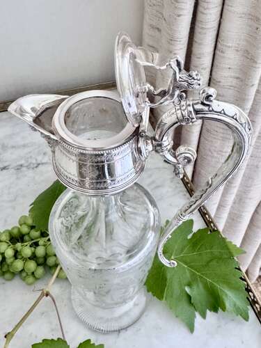 Rare Victorian etched glass & silver plated claret wine jug