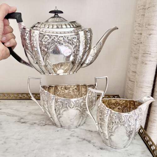Elegant Victorian silver plated 3 piece tea service C1870 by John Round & Son
