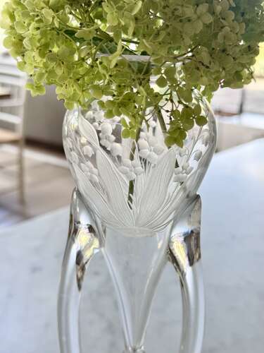 Pretty Art Nouveau lily of the valley etched glass epergne vase