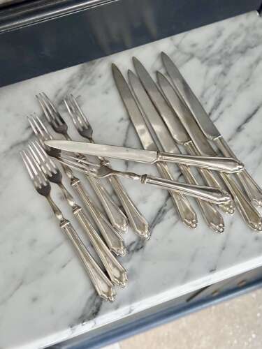 Art deco silver plated dessert fruit knives and forks for 6 guests
