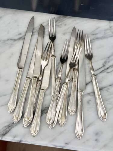 Art deco silver plated dessert fruit knives and forks for 6 guests