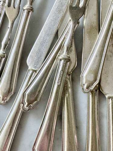 Art deco silver plated dessert fruit knives and forks for 6 guests