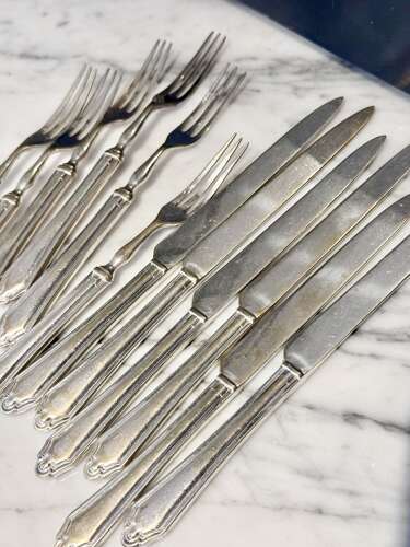 Art deco silver plated dessert fruit knives and forks for 6 guests