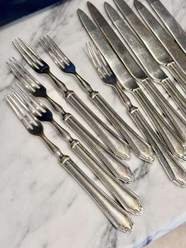 Art deco silver plated dessert fruit knives and forks for 6 guests