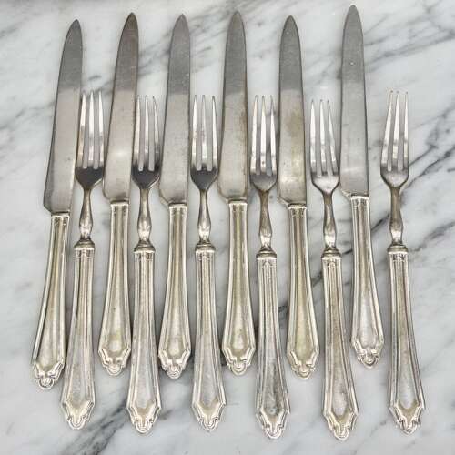 Art deco silver plated dessert fruit knives and forks for 6 guests