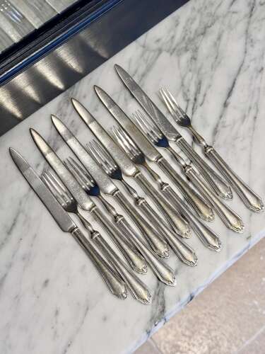 Art deco silver plated dessert fruit knives and forks for 6 guests